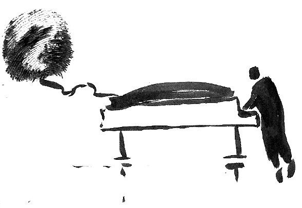 Dessin illustratif à l'encre noire représentant un piano et son pianiste jouant suspendus dans les airs, tirés par un ballon accroché par un fil attaché au piano.