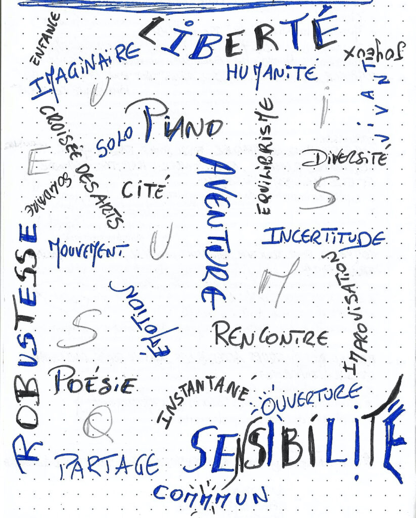 Manuscrit original issu d'un carnet de POL en miscellannée de mots noirs et bleus, orientés dans différents sens comme on assemblerait des pièces de bois en équilibre vertical les unes sur les autres. Ces mots sont : enfance, liberté, imaginaire, humanité, joyeux, vivant, croisée des arts, piano, équilibrisme, diversité, incertitude, aventure, cité, solo, solidaire, robustesse, mouvement, poésie, émotion,  partage, commmun (avec 3 m), instantané, ouverture, sensibilité, rencontre, improvisation et musiques (au pluriel)